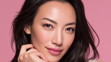 Naklejka premium A captivating portrait of a woman showcasing radiant skin tones and a soft, elegant expression against a delicate pink backdrop.