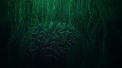 A translucent brain entwined with glowing green bioluminescent vines, pulsing with mysterious energy.