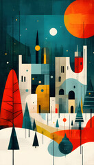 Modern Geometric Christmas Landscape - Vibrant illustration of a surreal holiday landscape with abstract buildings. Geometric shapes, bold tones, and rough textures.