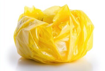 A crumpled, bright yellow plastic bag rests on a reflective white surface. The bag is mostly closed at the top, with light shining through its crinkled texture