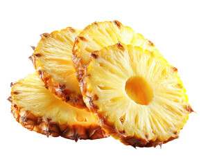 Close-up of three overlapping pineapple slices.  The slices are a light golden yellow with a slightly darker, brown-reddish edge.  