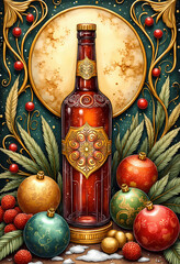 Holiday Ornament Display - Ornamental Christmas decor illustration, showcases a festive arrangement of a decorative bottle adorned with golden designs, surrounded by vibrant baubles, and foliage.