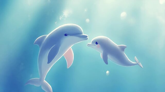 Simple cartoon dolphin mother and baby, soft blue pastel background