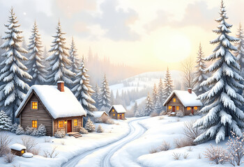 Snowy Winter Landscape with Cozy Cabins and Pine Trees - Winter holiday scene with snow-covered cabins, lit windows, pine trees, and a serene sunset.