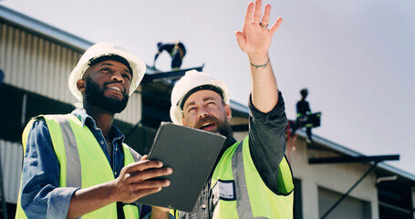 Men, engineer and tablet with advice at construction site for review, inspection and progress report. People, team and architect with discussion, tech and app in low angle for real estate development