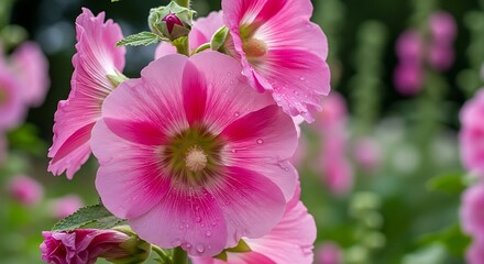 Pink Hollyhock Flowers Closeup.