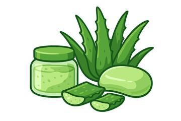 Natural aloe vera gel, soap, and fresh plant vector illustration. Skincare and beauty cosmetic concept. Healthy organic ingredient for skin care products. Cartoon style set.