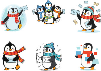 Cute Cartoon Penguins Delivering Letters, Winter Mail Delivery Scene, Vector Illustration with Scarves, Envelopes, Snow, Communication, Holiday and Seasonal Theme