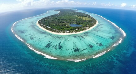 Tropical Island Aerial View Surrounded by Clear Blue Ocean