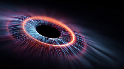 The colorful glowing lines forming the iris of the eye are on a dark background