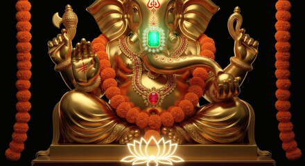 Obraz premium Golden statue of Lord Ganesha with orange garlands on a black background with a lotus flower