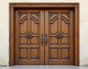 Elegant Wooden Double Door with Intricate Carvings and Classic Hardware Against a Textured Wall