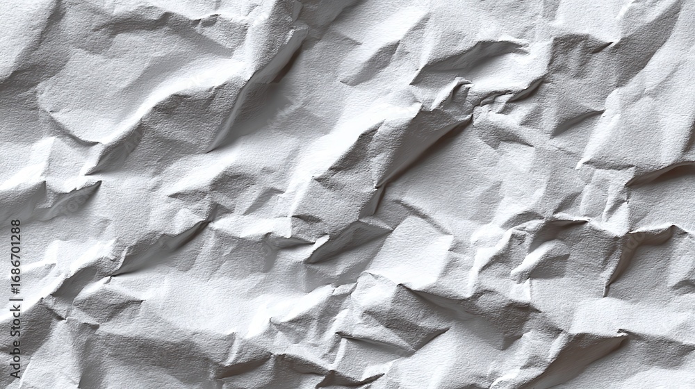 Poster crumpled paper texture close up exhibiting abstract patterns, with shadows and light emphasizing the