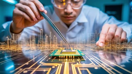 A focused scientist in a cleanroom suit carefully assembles a microchip with a futuristic glowing city overlay - Powered by Adobe