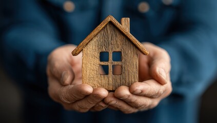 A person cradles a small wooden house. Symbol of home ownership and security