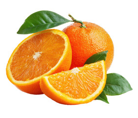 Fresh oranges with leaves. Close-up of citrus fruit. Vibrant color