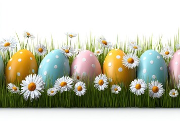 Brightly painted eggs with white polka dots nestled among green grass and daisies against a bright background