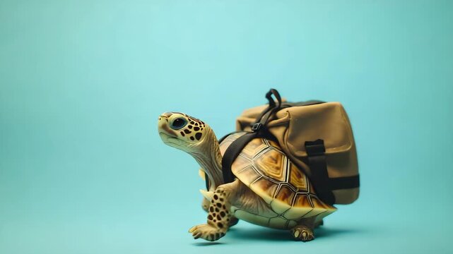 Tiny minimalist turtle with a backpack on a soft sky blue background