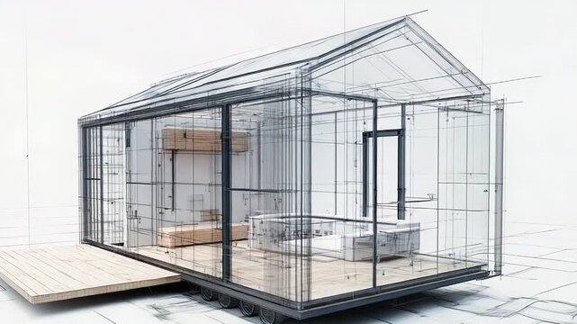 Modern, sustainable tiny house on wheels, embracing minimalist living with architectural blueprint overlay