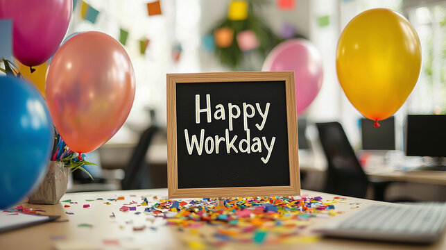 A sign with the inscription Happy Workday stands on an office table among confetti and balloons — a festive concept of work and corporate events