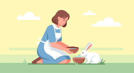 A woman kneels on the grass, offering food from a bowl to a white rabbit in a peaceful outdoor setting.