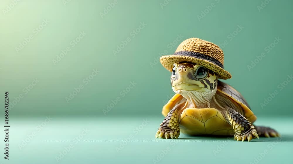 Poster turtle with a tiny hat in minimalist cute style on a soft green background