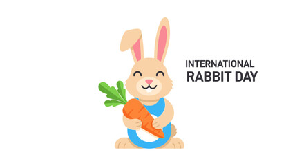 Obraz premium Cartoon rabbit wearing a blue outfit holds a carrot with green leaves, celebrating International Rabbit Day on a white background.