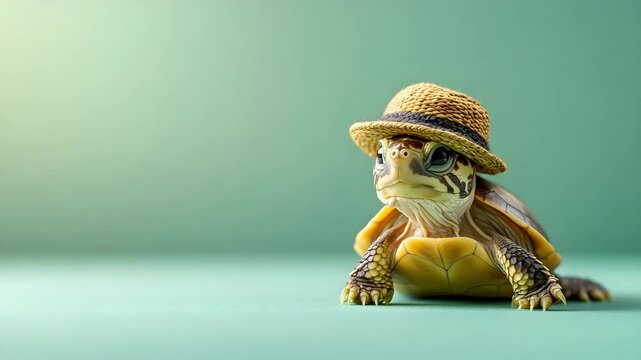 Turtle with a tiny hat in minimalist cute style on a soft green background