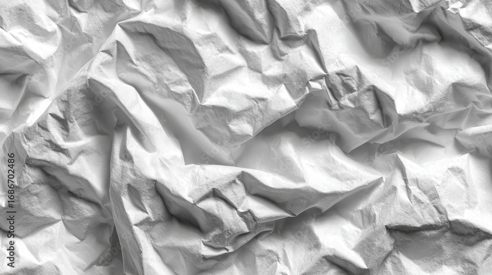 Poster crumpled paper texture close up exhibiting abstract patterns, with shadows and light emphasizing the
