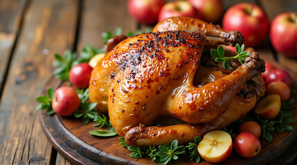 Festive roasted chicken with apples on a rustic wooden serving board masterpiece