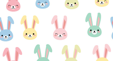 A repeating pattern of pastel-colored, smiling cartoon bunnies on a white background.