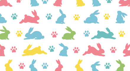 Colorful Easter-themed pattern featuring rabbits and paw prints scattered across a white background.