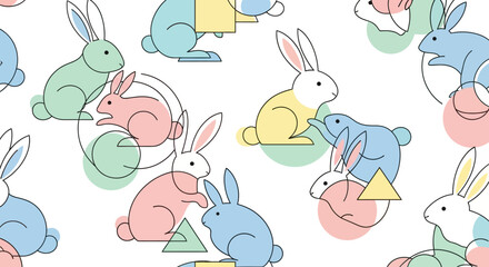 Obraz premium A modern seamless pattern of stylized rabbits in pastel colors, playfully interacting with simple geometric shapes.
