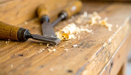 Woodworking tools and shavings on a bench