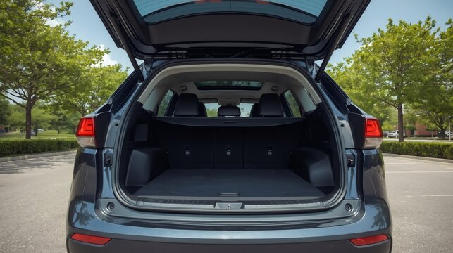 Modern suv car with open trunk in parking lot