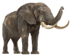 Obraz premium Large, majestic elephant stands isolated on a white background with its trunk raised, its wrinkled skin adding character to its strong presence