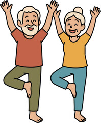 Elderly Couple Practicing Yoga Poses with Raised Arms