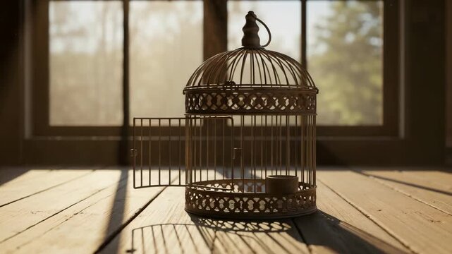&ldquo;A photorealistic empty birdcage with an open door in the sunlight is a symbol of freedom, liberation and hope, a conceptual metaphor