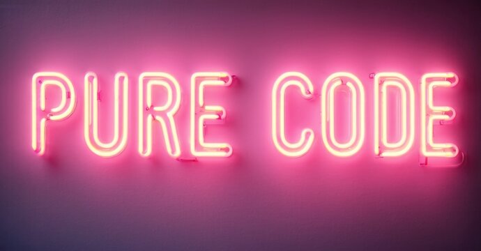 Bright pink neon sign displays words Pure Code against muted rose wall. Simple, modern aesthetic. Minimalist design.