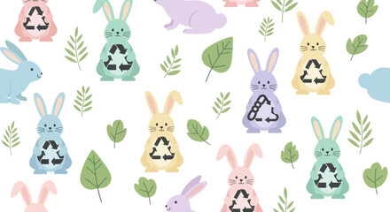 Cute pastel bunnies featuring recycling symbols and green leaves scattered across a seamless white background.