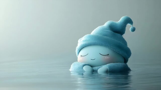 A sleepy little water cartoon character wearing a nightcap on a soft grey background, minimal and peaceful
