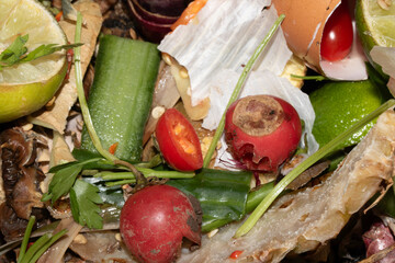 Close up of spoiled rotten vegetable waste food on a compost