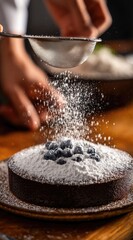 A close-up shot shows powdered sugar being sifted onto a dark cake topped with blueberries, with hands holding the sifter