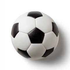 A classic black and white soccer ball sits isolated on a white background, casting a soft shadow. Its textured surface appears new and pristine