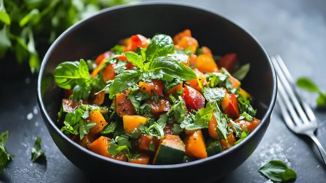 A trendy presentation of traditional Indian vegetable curry with fresh herbs