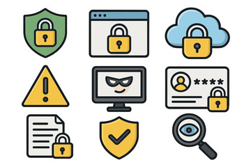 Cybersecurity icon set. Vector symbols for digital protection and data privacy. Includes hacker, cloud security, password authentication, and web safety. Flat cartoon style.