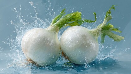 Fresh white turnips with green tops splashing in water, vibrant and healthy produce.