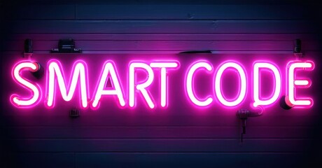Obraz premium Bright pink neon sign displays SMART CODE against textured dark blue wall. Minimalist aesthetic, modern lighting design.