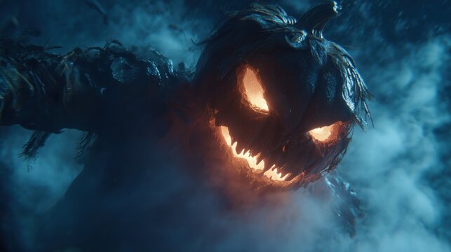 Menacing jack-o'-lantern with glowing eyes and mouth on a scarecrow figure in misty background