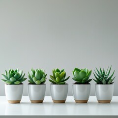 Fototapeta premium Five small succulent plants in white pots arranged in a row against a neutral backdrop.